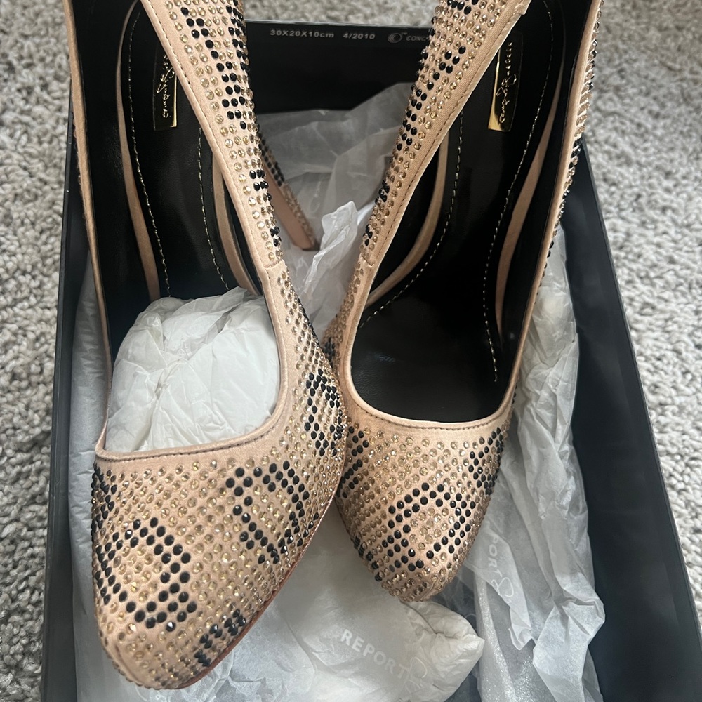 Report Signature Parker Gold Black Rhinestone Leopard Stiletto Heels Size 8.5